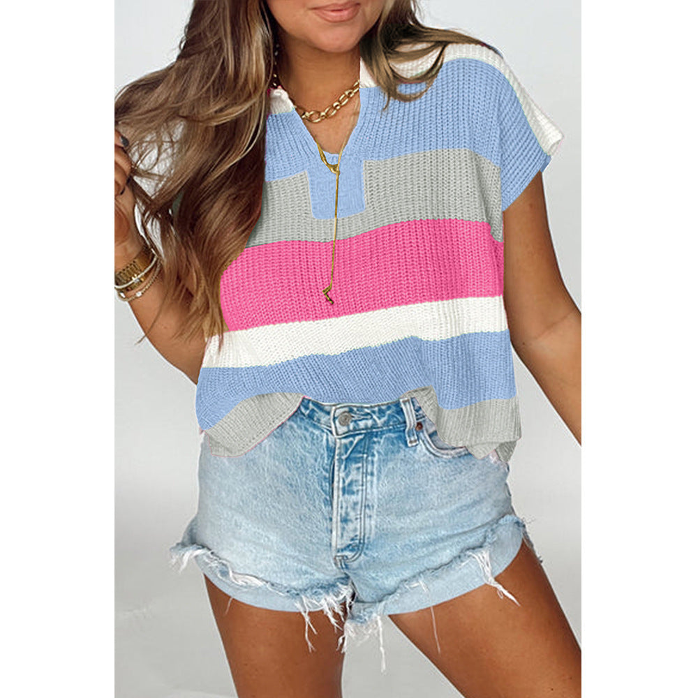 Women's U-collar Dopamine Contrast Color Casual Sweater With Short Sleeves