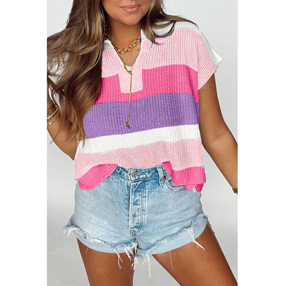 Women's U-collar Dopamine Contrast Color Casual Sweater With Short Sleeves